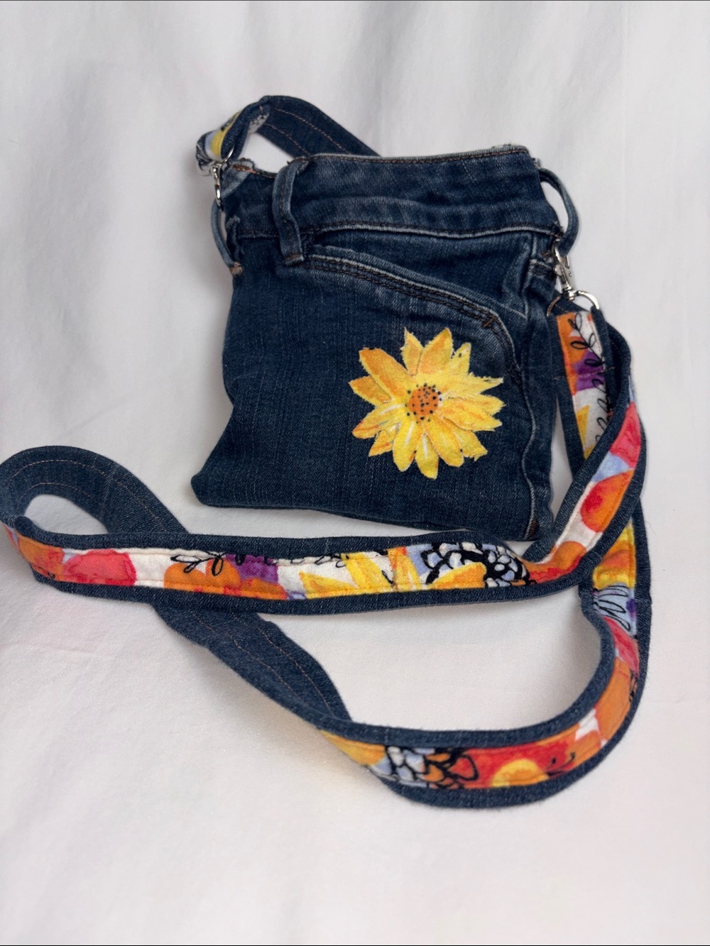 Handmade Upcycled Denim Sunflower Crossbody Bag Boho Floral Phone Purse